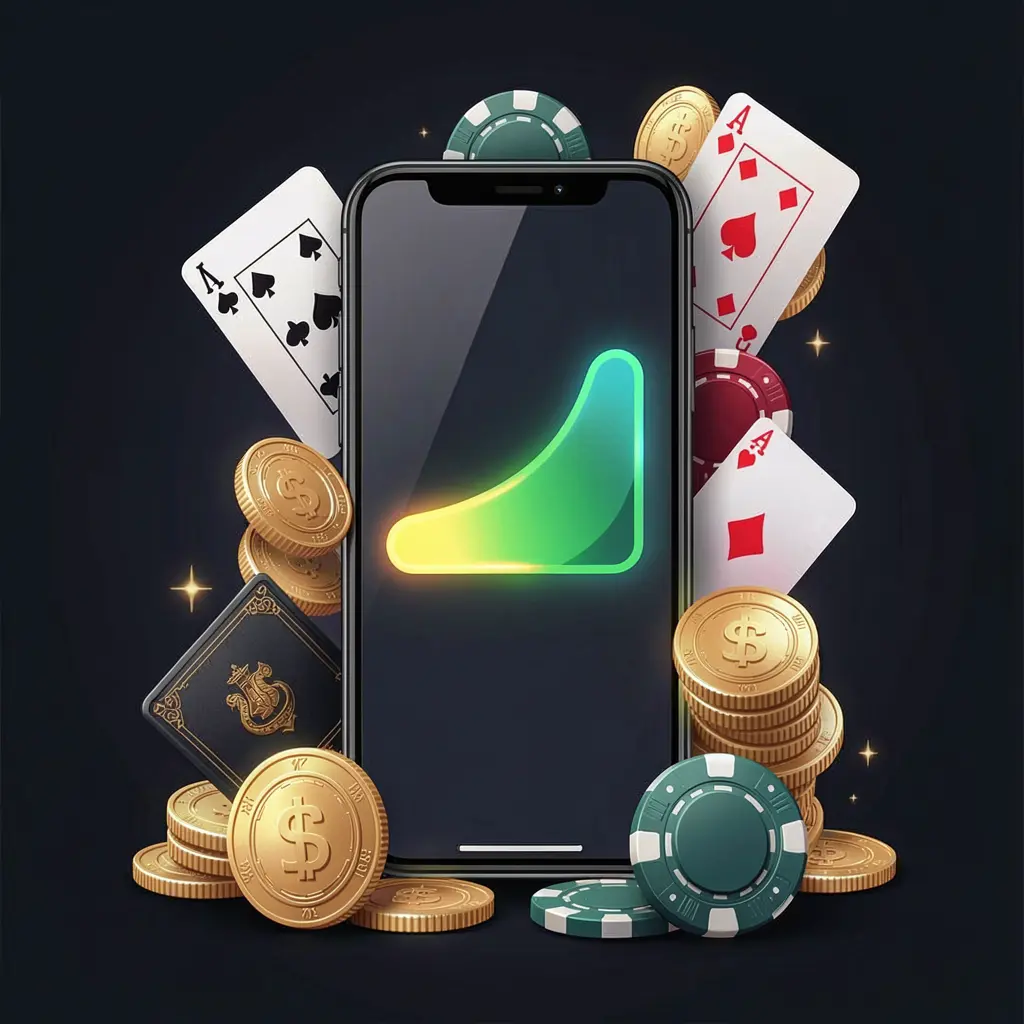 MT555 casino app installation on smartphone with glowing progress bar, surrounded by coins, chips, and cards on a dark background