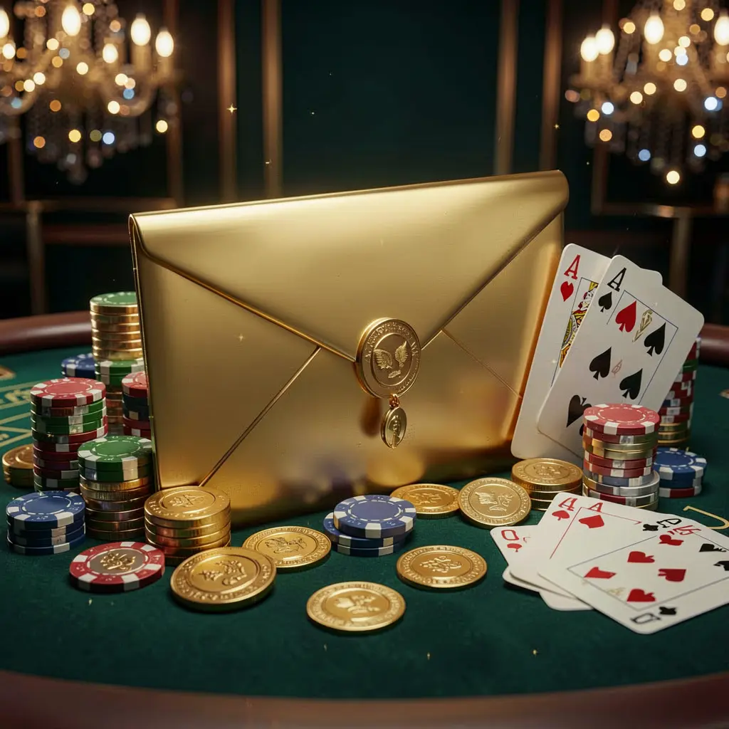 MT555 exclusive casino promotion featuring a golden envelope surrounded by chips, coins, and playing cards against a luxury dark background with sparkling lights