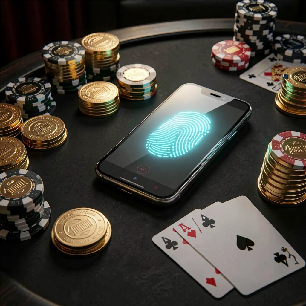 MT555 online casino authentication concept showing a phone with fingerprint scan glow on a premium black table surrounded by poker chips, golden coins, and playing cards in a cinematic 3D render