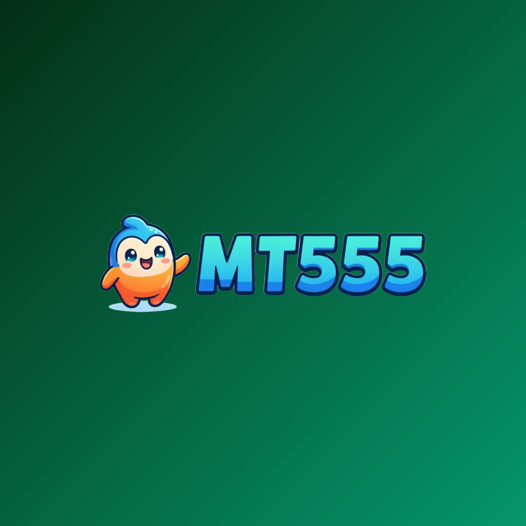 MT555 mascot-style logo featuring a friendly character icon with bold, colorful gaming brand lettering on a transparent background, designed as a wide horizontal rectangular wordmark for a website header