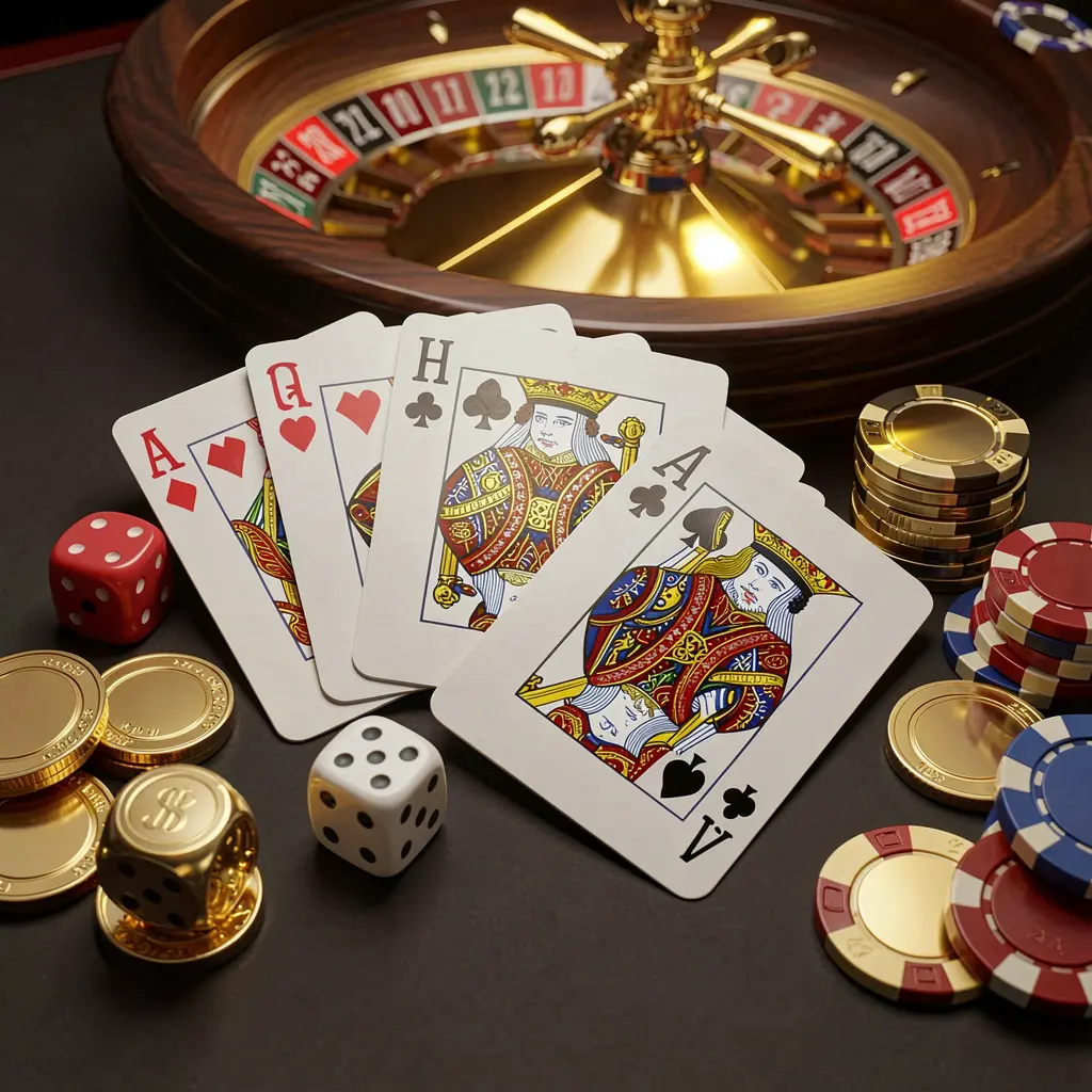 MT555 elegant online casino homepage featuring a royal flush of cards, dice, golden coins, and poker chips on a dark table with a glowing roulette wheel in the background in a cinematic 3D render